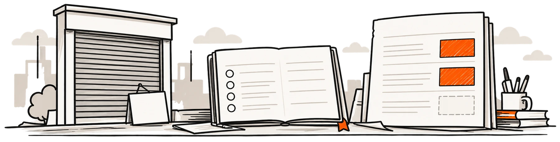 Conceptual hand-drawn scene of a closed stock-market window, an outstanding loan ledger and finite reserved capital